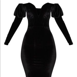 Black Velvet V Bar Puff Sleeve Midi Dress